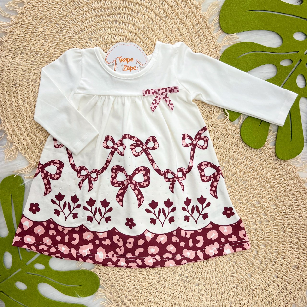  Vestido Manga Longa Lacinhos de Oncinha - Off White e Bordo